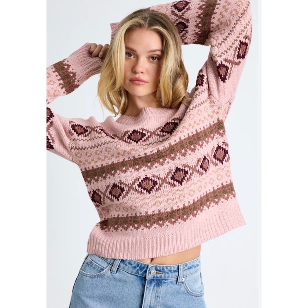 NWT Lulus Fair Isle Knit Sweater Pink Brown Crewneck | Size M
